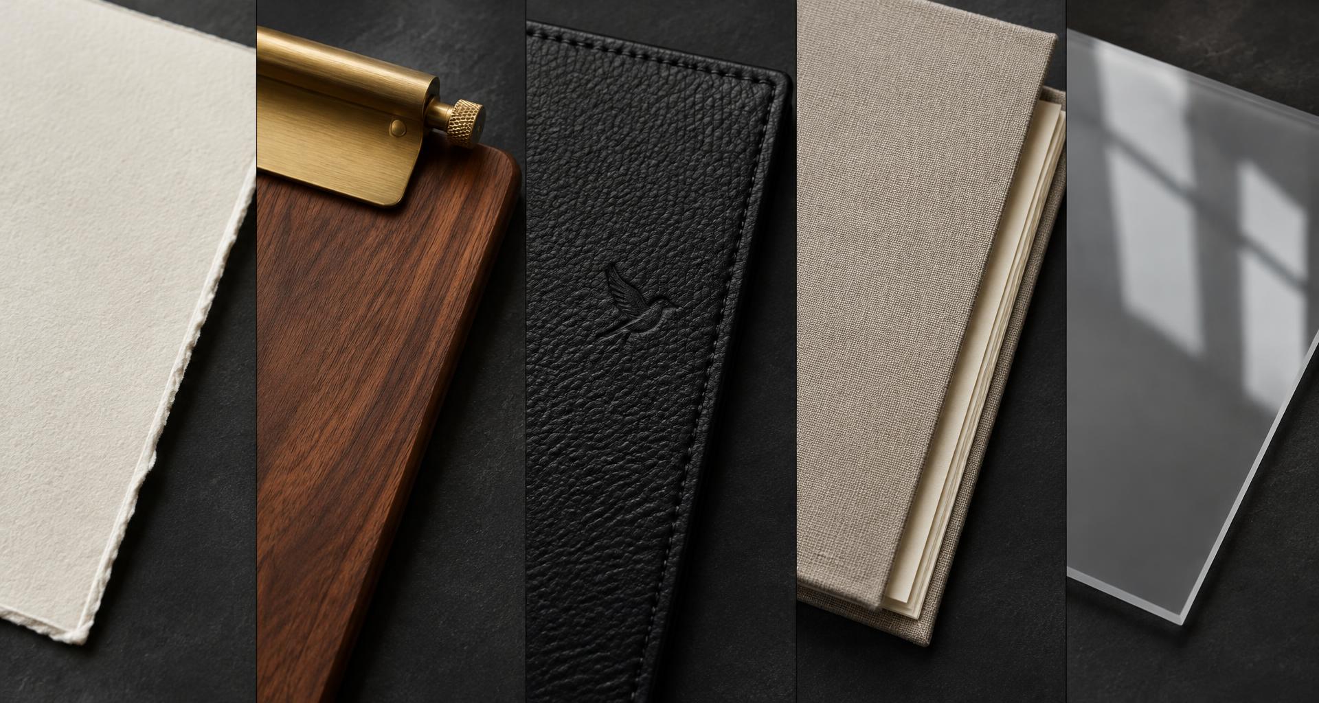 Eggshell paper, walnut and brass, pebble leather, Belgian linen and smoked acrylic material samples