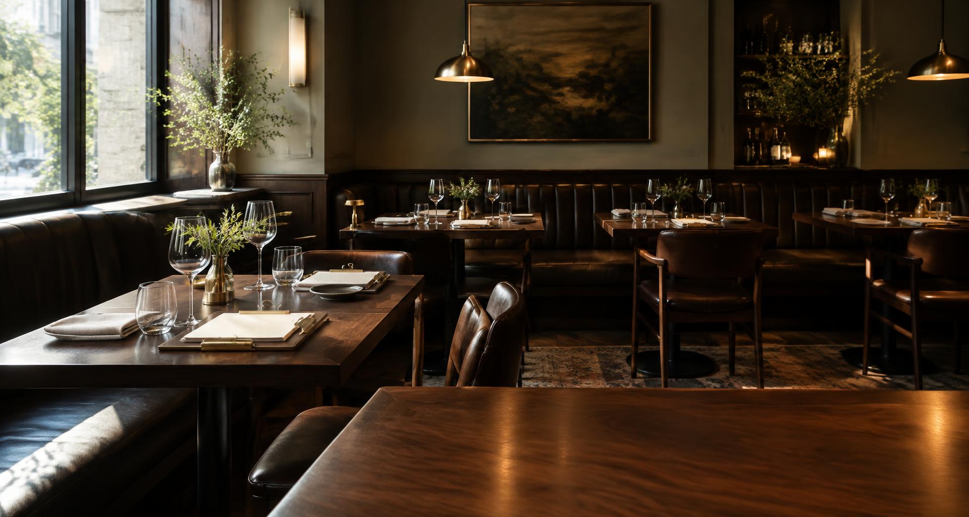A considered dining room, with walnut tables, linen and brass-clipped menus